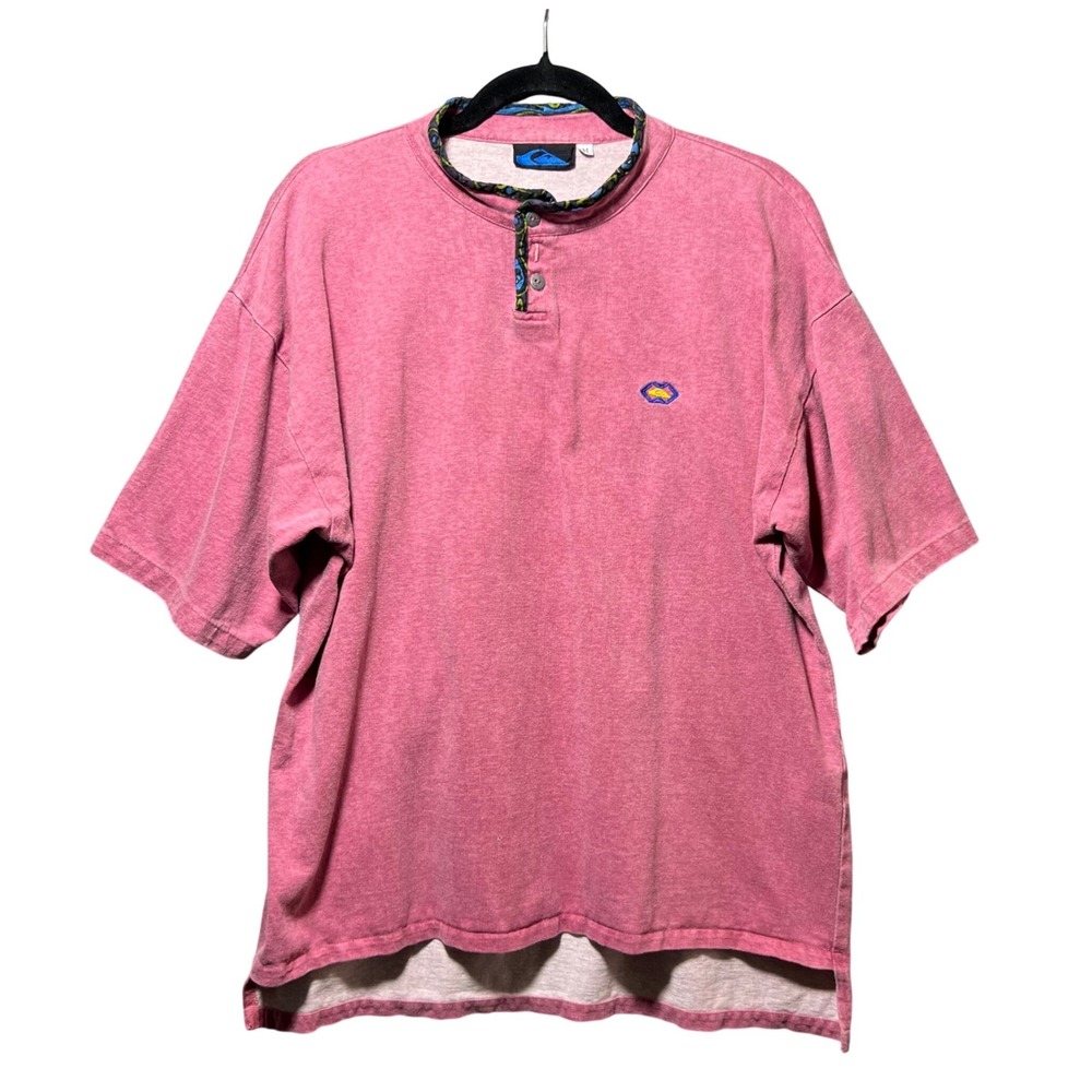 Vintage Quiksilver Henley Shirt Mens Medium Pink Short Sleeve 90s Surf Made USA